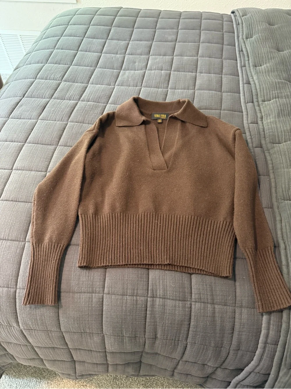 Truth Brown V-Neck Collared Ribbed-Hem Sweater - Women
